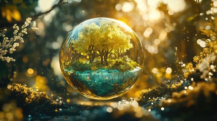A glowing bubble encapsulating a serene forest scene with golden light and lush greenery.