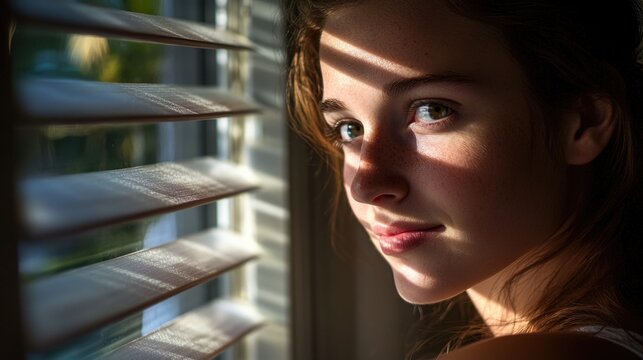 A woman stands by the window with blinds open, looking outside - Powered by Adobe