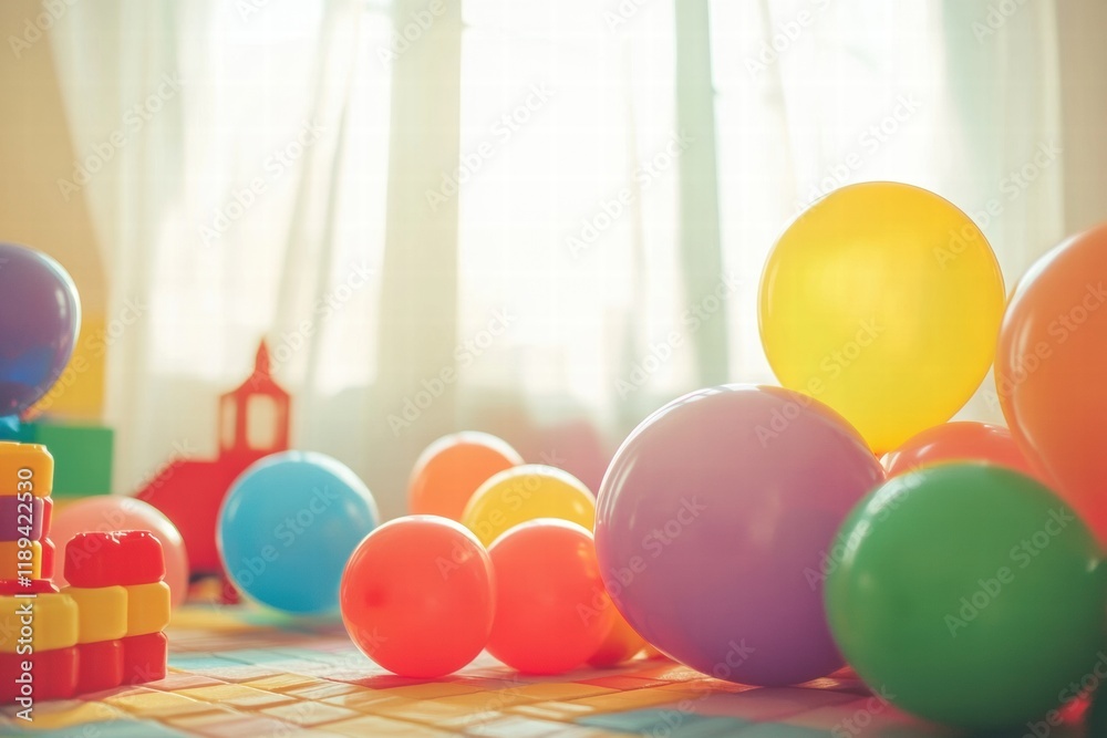 Aufkleber colorful toys and balloons create a joyful atmosphere in a playful child playroom during daytime sun