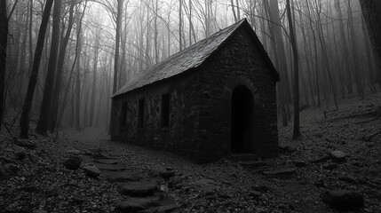 Stone House in Foggy Forest: A Moody Landscape Photography