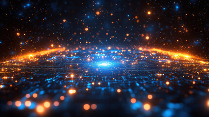 Obraz premium A futuristic digital landscape with glowing blue and orange lights, resembling a high-tech circuit board or a visualization of data flow, creating a visually striking and dynamic scene