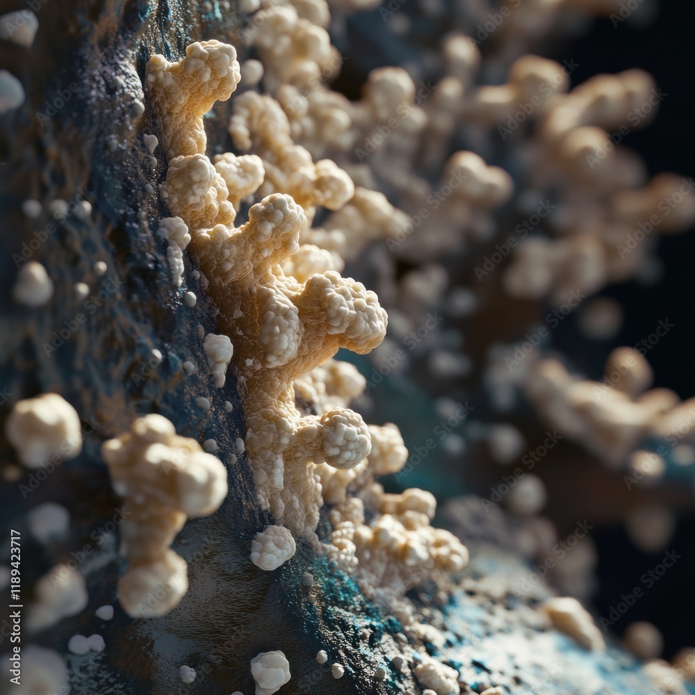 Poster Close up view of diverse microbes found on everyday surfaces like door handles and smartphones in public spaces. Generative AI