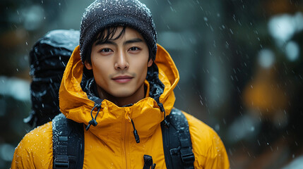 Portrait of a Man in the Rain: A Serene Traveler in Winter Wonderland