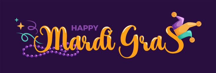 Joyful Mardi Gras celebration featuring vibrant lettering and a festive inscription. Decorated beads, and lively serpentine, perfect for festive designs and promotional materials. Horizontal banner