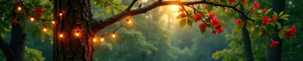 Obraz premium String of fairy lights strung across the branches of a tall tree with red flowers in the background, gold, forest
