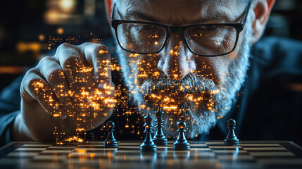 Strategic Vision: A Man Plays Digital Chess, Representing Futuristic Technology and Data Network