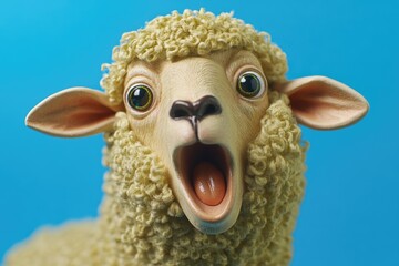 A close-up photo of a fake sheep's face, its mouth agape