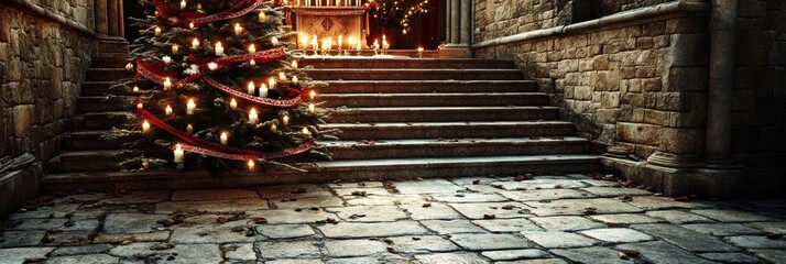 Naklejka premium Christmas tree on stone steps, cobblestone courtyard, candlelight. Holiday card