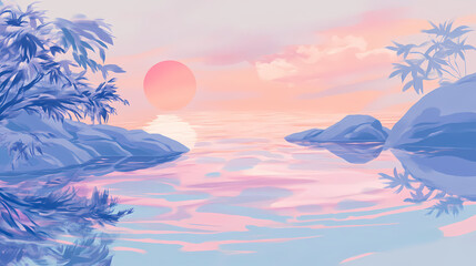 A serene water surface reflecting soft pink and blue hues, creating a tranquil and dreamy atmosphere. Duskfall. Illustration