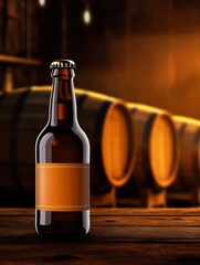 A bottle of beer sits on a wooden surface with barrels in the background.