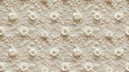 Seamless pattern featuring intricate cream lace with delicate flower designs, perfect for adding a vintage and elegant touch to various artistic and decorative projects.