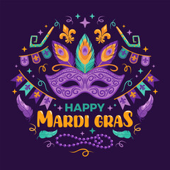 Cheerful mardi gras carnival scene featuring festive masks, colorful flag garlands, balloons, and beads. Ideal for posters, flyers, postcards, t-shirts, and various design projects. square banner