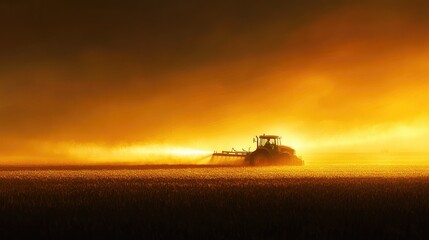 A tractor sprays crops at sunset, highlighting agricultural practices in a golden landscape.