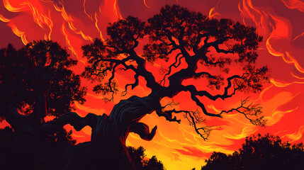 A striking silhouette of a gnarled tree against a vibrant sunset, highlighting dramatic colors and the beauty of nature. Duskfall. Illustration