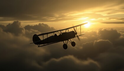 Vintage biplane flying over dramatic sunset sky with silhouetted clouds