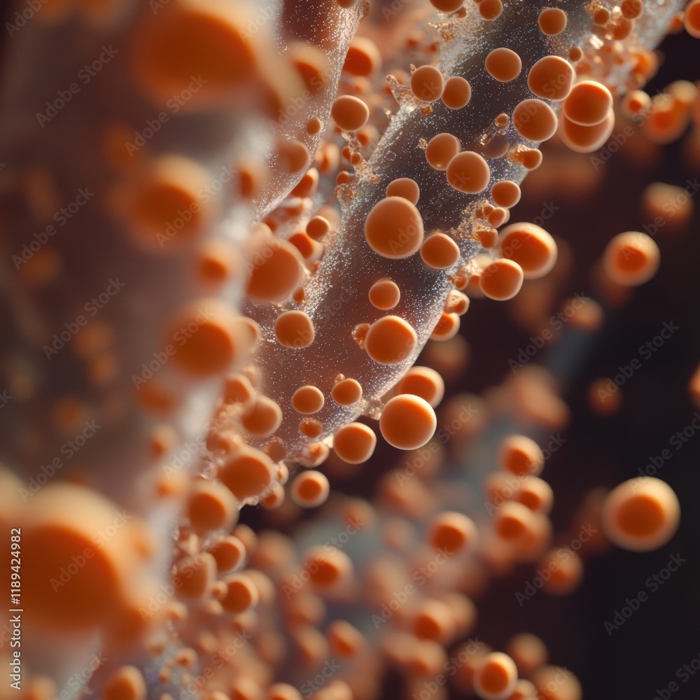 Poster Close up view of diverse microbes found on common surfaces like door handles and smartphones in urban environments. Generative AI