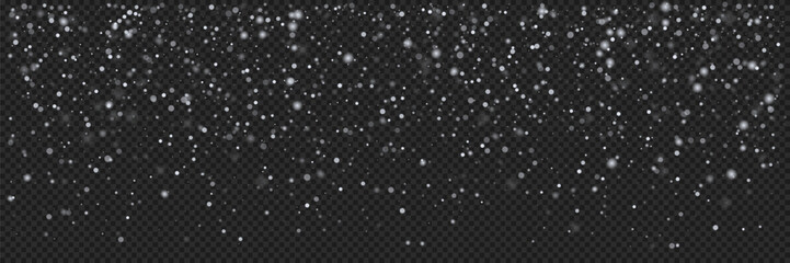 Falling snow overlay on transparent background. Vector illustration of winter white glow snowflake texture for christmas greeting card. Xmas magic snowfall backdrop.