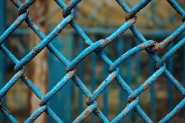 青い鉄のフェンスが rusted を示している公園の一部