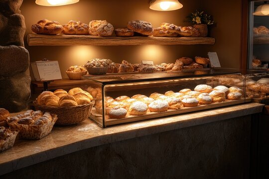 cozy bakery counter filled with freshly baked loaves pastries and muffins on display under warm lighting