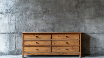 Rustic Wooden Dresser Against Concrete Wall: A Minimalist Still Life