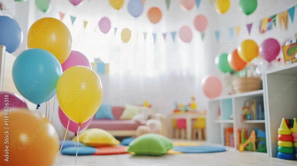 Aufkleber Joyful playroom filled with colorful toys and balloons creating a fun atmosphere for children to explore and enjoy. Generative AI