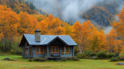 Cozy log cabin surrounded by vibrant fall foliage in a tranquil landscape at dusk