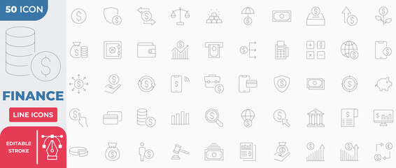 Finance Icon Collection Set. Containing money, bank, check, law, auction, exchance, payment, wallet, deposit, piggy, calculator, web and more. Editable Stroke Line.