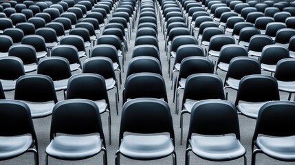 Rows of empty chairs in a large hall.