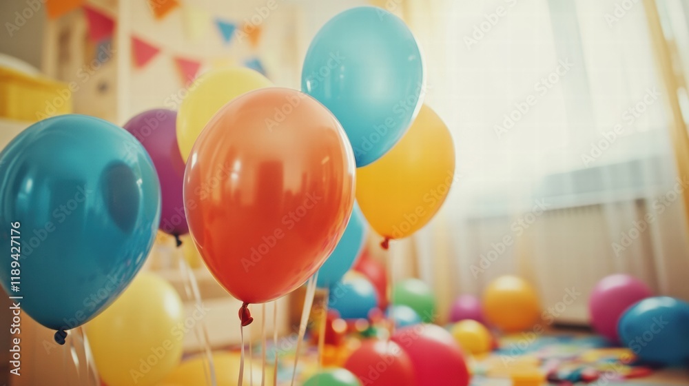 Aufkleber colorful toys and balloons create a joyful atmosphere in a cheerful childs playroom filled with fun 