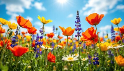 Naklejka premium Vibrant wildflowers under sunny skies in a colorful meadow
