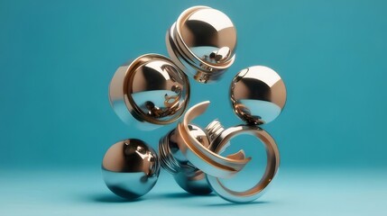 Abstract chrome spheres and rings floating on blue background.