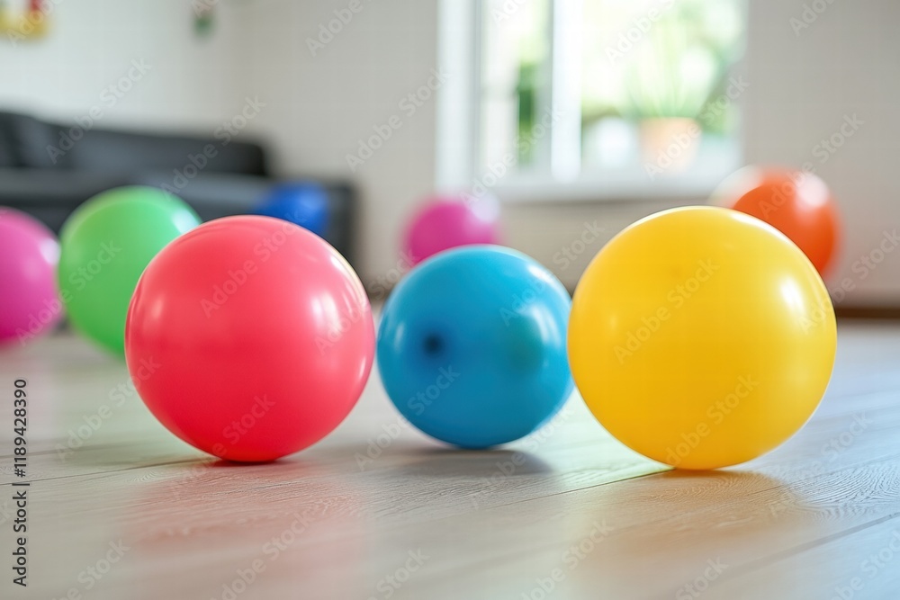 Aufkleber colorful toys and balloons create a joyful atmosphere in a vibrant child playroom with natural light