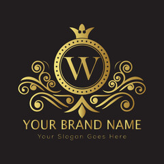 Letter Luxury brand logo design with a royal gold crown emblem and elegant typography
