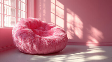 A cozy, fluffy pink chair is placed in a sunlit room with pink walls and large windows casting shadows on the floor