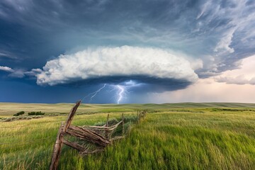 Lightning storm over prairie, fence in foreground