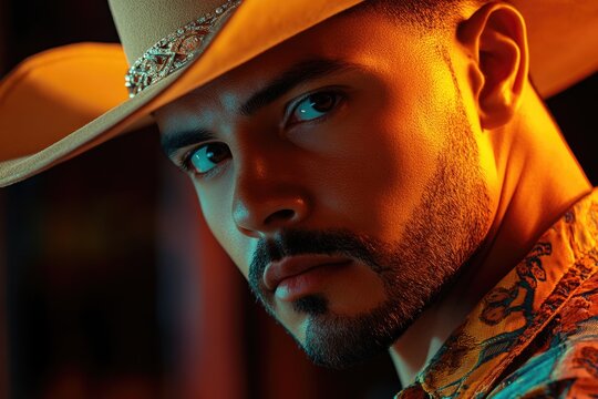A man wearing a cowboy hat and a shirt, suitable for western or rustic themed images