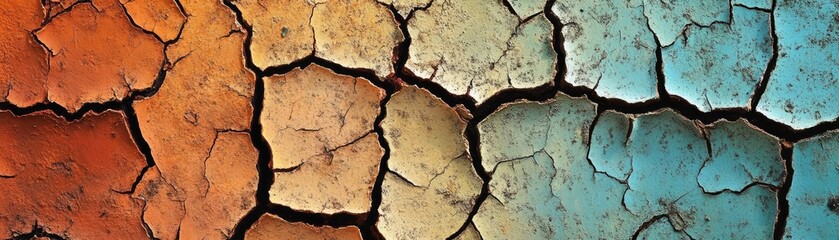 Cracked colorful paint texture close-up.