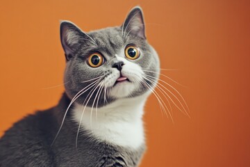 Obraz premium A domestic gray and white cat looks directly at the camera with curious expression