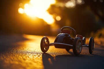 A toy car abandoned on the side of the road during sunset