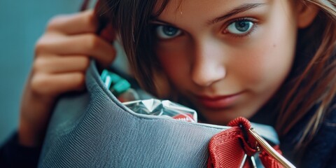 A woman carrying a purse with a distinctive red handle, possibly preparing for an evening out or daily commute