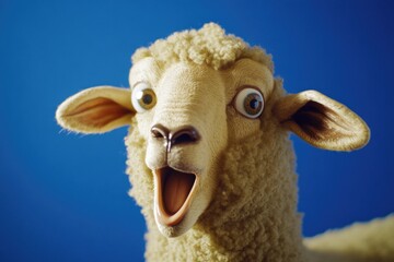 A stuffed sheep with a surprised expression on its face