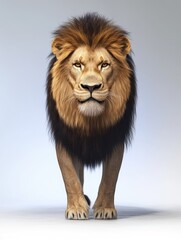 Obraz premium Lion stands in front of a white background. The lion is the main focus of the image, and it is looking directly at the camera. The lion's mane is long and full, giving it a majestic
