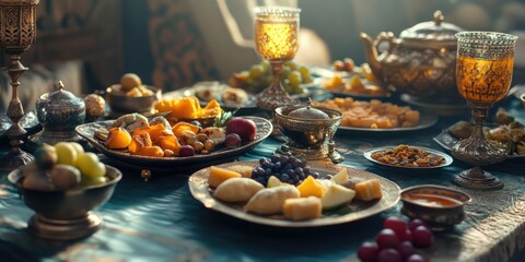 Fototapeta premium Table is set with a variety of foods and drinks, including a large bowl of fruit and several wine glasses. The table is set for a special occasion, and the atmosphere is warm and inviting
