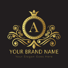 Letter Luxury brand logo design with a royal gold crown emblem and elegant typography
