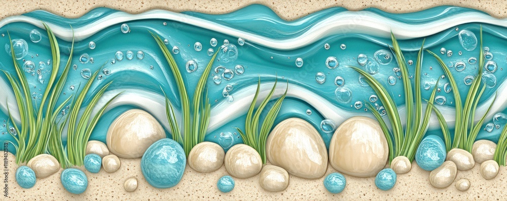 Wall mural Serene Ocean Wave with Pebbles and Grass - Ideal for Beach-Themed Decor