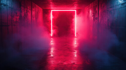 Naklejka premium A dimly lit corridor with a glowing neon door framed in pink light and surrounded by fog.