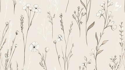 Whispers of Wildflowers: A delicate and calming seamless pattern of wildflowers and grasses in soft beige tones, perfect for textile designs, stationery, or creating a serene atmosphere. 