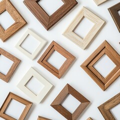 Fototapeta premium wooden picture frames arranged on a white surface