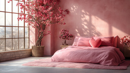 stock photo depicts a romantically decorated room with a love tree, soft pink walls, heart-shaped pillow on bed, and a view from window, creating a cozy and intimate atmosphere for Valentine's Day