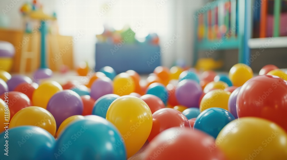 Aufkleber colorful toys and balloons create a joyful environment in a vibrant child playroom for imaginative a